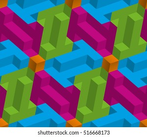 Multicolor Isometric Seamless Pattern. 3D Optical Illusion Background Texture. Editable Vector EPS10 Illustration.