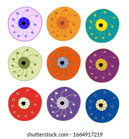Multicolor jelly fish set on white isolated backdrop. Abstract eyeball collection for stickers, bath tile or bed linen. Phone case or cloth print art. Kids cartoon style stock vector illustration