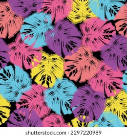 Multicolor jungle leaves on black background.   Psychedelic colors monstera pattern background for summer.