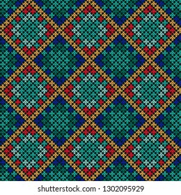 Multicolor knitted seamless pattern in blue, turquoise, orange, red and green hues, vector as a fabric texture
