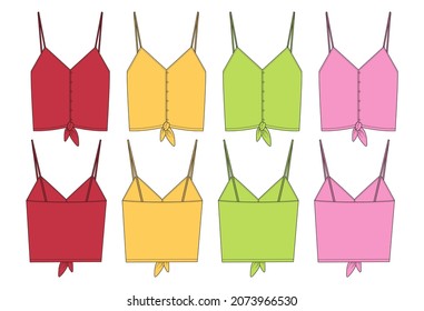 Multicolor Ladies bra tops Technical fashion flat sketch vector illustration template Front, back. Women's tops design Apparel template isolated on grey background. Girls Unisex Top CAD illustration