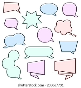 Multicolor (light pink, light blue, light green, light violet ) offset printing vector speech bubbles set. Perfect for comics pictures!