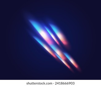 Multicolor light refraction flashes realistic vector illustration. Overlay rainbow sparks 3d element on black background. Optical template