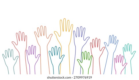 Linha multicolor diversas mãos levantadas. Conceito de voluntário de mão.