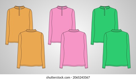 Multicolor Long Sleeve With Half Zip, High Neck, Sweatshirt for ladies. Technical fashion flat sketch Apparel Vector  illustration Template Front and back views. Women's Unisex CAD mock up.