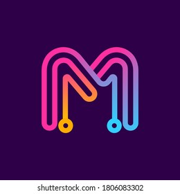 Multicolor M letter logo made of electric wire. This rounded striped icon can be used for tech ads, solder posters, energy company identity, etc.