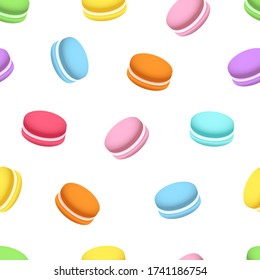 Multicolor macaron seamless pattern on white isolated background. Decorative sweet design element in pastel and vivid colors.