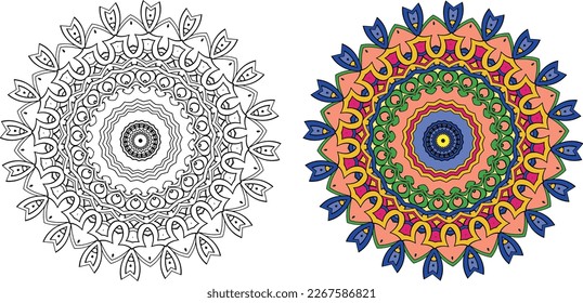 Fondo de Mandala Multicolor. Colorear la página del libro. Forma inusual de flor. Oriental. Patrones de Terapia Antiestrés. Elementos de diseño de tejido