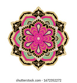 Mandala multicolor aislada sobre fondo blanco. Ilustración hecha a mano. Vector.