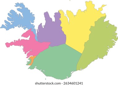 Mapa multicolor de Islandia con regiones