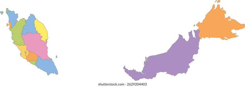 Mapa Multicolor da Malásia com Estados e Territórios Federais