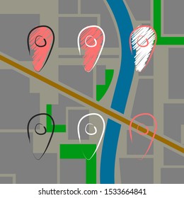 Multicolor map pointers vector icons set in doodle hand drawn style