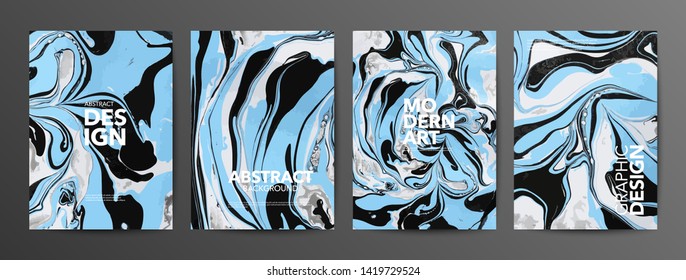 Multicolor marbled paper vector banner set. Black, blue and white ebru stains illustrations with typography. Decorative modern art posters collection. Creative suminagashi backgrounds pack