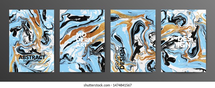 Multicolor marbled paper vector illustrations pack. Modern hand drawn paintings with liquid mixture effect. Artistic ebru stains wallpaper set with typography. Trendy acrylic surface. 