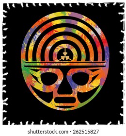 multicolor mask on a black background with radioactive sign, sign of ancient civilizations