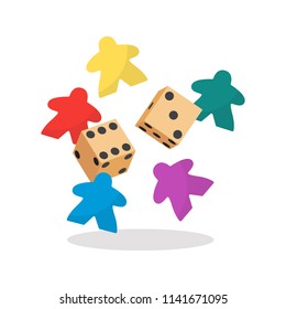 Multicolor meeple and dice vector illustration. Symbol of family board games