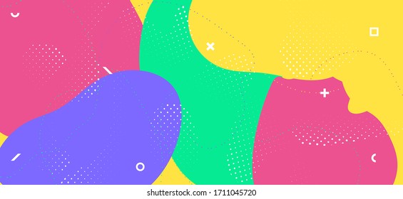 Multicolor Memphis Design. Vector Geometric Wallpaper. Futuristic Fluid Brochure. Colorful Funky Brochure. Memphis Shape. Trendy Abstract Presentation. Bright Cool Brochure. Memphis Cover.