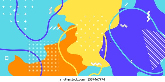Multicolor Memphis Page. Trendy Geometric Composition. Futuristic Liquid Template. Yellow Funky Artwork. Memphis Shape. Hipster Abstract Wallpaper. Blue Fluid Ornament. Memphis Poster.