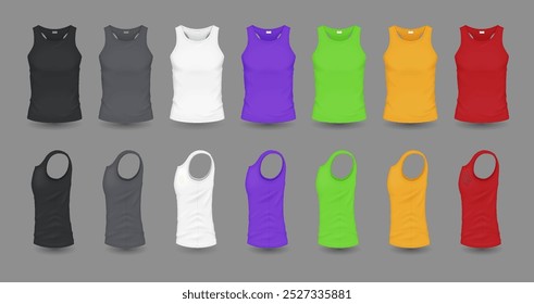 Multicolor homens tanque tops com design de maquete conjunto de ilustração vetor realista. Camisas de verão com modelos 3d copyspace em fundo cinza