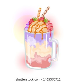 Multicolor milkshake with different flavour: hazeled, raspberry, blueberry garnished strawberry and caramel syrup on top. Fruit dessert in glass cup with straws. Sweet berry smoothie. Vector cartoon.