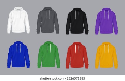 Mehrfarbige Mockup Hoodies realistische Vektorgrafik-Set. Komfortable Sportbekleidung mit Markenvorlage 3D-Modelle auf grauem Hintergrund