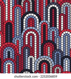Mehrfarbiges Mosaik mit quadratischen Kacheln in kreisbogenförmigen Linien. Porphyr-Stil. Blaue, rote und weiße Kieselsteine auf schwarzem Hintergrund. Nahtloses sich wiederholendes Muster. Als Hintergrund oder Textur verwendbar.