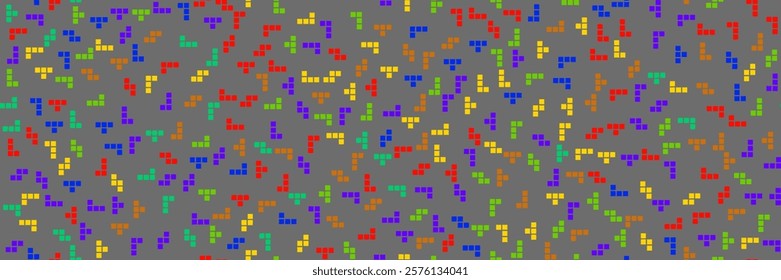 Multicolor mosaic tetromino shape pixel geek game seamless bg. Simple vector kid brick pattern on grey background.