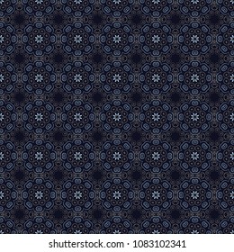 Multicolor mosaic texture. Unique kaleidoscope design. Vector abstract kaleidoscope background in black, gray and blue colors. Beautiful kaleidoscope seamless pattern.