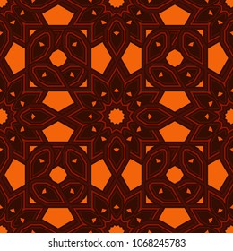 Multicolor mosaic texture. Vector abstract kaleidoscope background in red, brown and orange colors. Beautiful kaleidoscope seamless pattern. Unique kaleidoscope design.