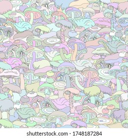 Multicolor mushroom seamless pattern. Endless fun texture in pastel colors for fabric, home dough and paper.