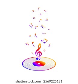 Multicolor music notes with record vinyl disc, isolated musical vector illustration.