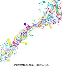 Multicolor musical design from music staff elements with copy space. Elegant creative design isolated on white. Vector Illustration.