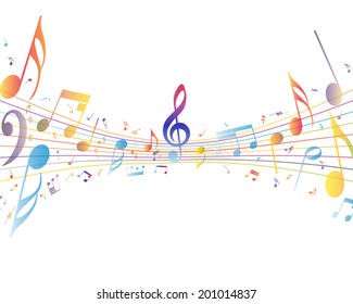 Multicolor musical note staff background. Vector illustration EPS 10 with transparency.