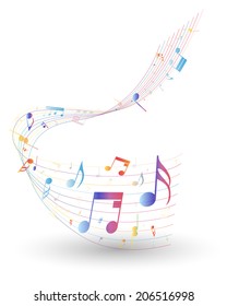 Multicolor musical note staff background. Vector illustration EPS 10 with transparency.