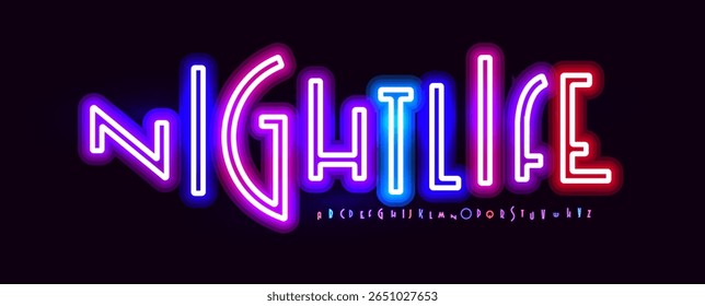 Multicolor neon alphabet, glowing retro letters, vibrant nightlife font for party sign, club banner, casino logo, digital headline, electric typography, luminous typographic design. Vector typeset.