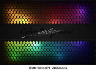 Mehrfarbige Neon-Hintergrundbeleuchtung unter schwarzem sechseckigen Raster. Gamer-Hintergrund, Cyberpunk-Stil-Headline-Design. Farblichtlampe Hardwear Netzteil-Hintergrund. Computer-Energiekopf Darstellungsdeckel