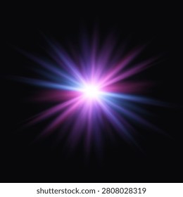 Multicolor Neon Burst Flare With Purple Blue Rays On Dark Background.