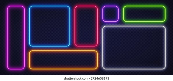 Multicolor neon frames glowing on a transparent background. Bright futuristic layout in pink, blue, red, green, orange, and white for modern digital designs.