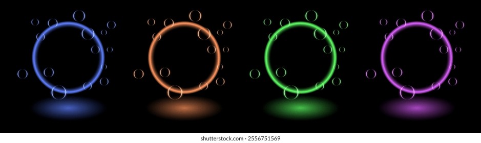 Multicolor neon gradient effect. A glowing circular frame transitioning through blue, pink, yellow, and orange hues, creating a vibrant and dynamic design suitable for futuristic, abstract