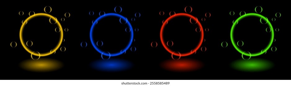 Multicolor neon gradient effect. A glowing circular frame transitioning through blue, pink, yellow, and orange hues, creating a vibrant and dynamic design suitable for futuristic, abstract