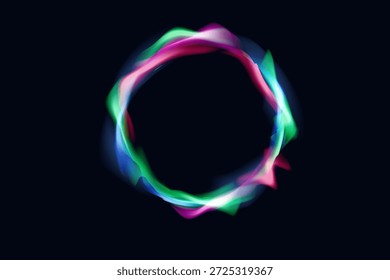 Círculos de luz de neón multicolor con anillos interiores brillantes, movimiento de gradiente suave y luminosidad holográfica de cambio de color ideales para marcas futuristas, diseño de interfaz de usuario y gráficos de Vector modernos
