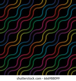 Multicolor neon light wavy lines. Colorful seamless pattern. Vector dark tileable background.