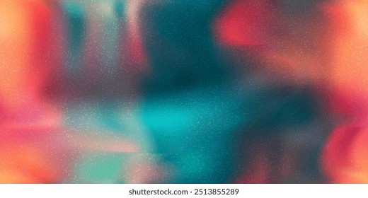 Multicolor neon seamless gradient with noisy texture. Vintage teal, red, orange watercolor ombre backdrop. Liquid color transitions in abstract vector bg