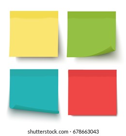 Multicolor notes isolated on white background. Post it. Colored sticky note set. Vector realistic illustration. Sticky note collection with curled corners and shadows.