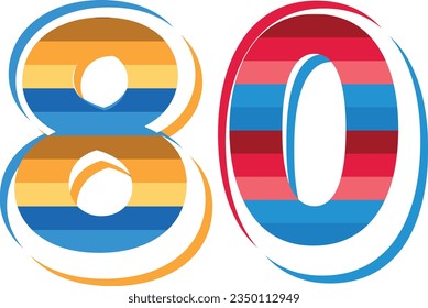 multicolor number eighty isolated on white background. vector illustration