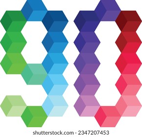 multicolor number ninety isolated on white background. vector illustration
