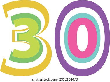 multicolor number thirty isolated on white background. numeric vector illustration.