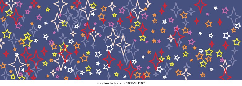 Estrellas Naranjas Multicolor Rojo Imprimir Imagen de Diseño de Navidad Blanca. Patrón de estrellas violetas violetas violetas de color rosa brillante y brillante. Papel de fondo de pantalla de cielo amarillo azul vivo y caótico de Año Nuevo.