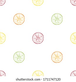 Multicolor oranges on exotic seamless pattern background. Fresh slices of citrus for decorate food product design. Complete print for wallpapers and other surfaces.