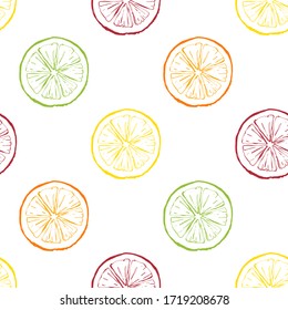 Multicolor oranges on exotic seamless pattern background. Fresh slices of citrus for decorate food product design. Complete print for wallpapers and other surfaces.